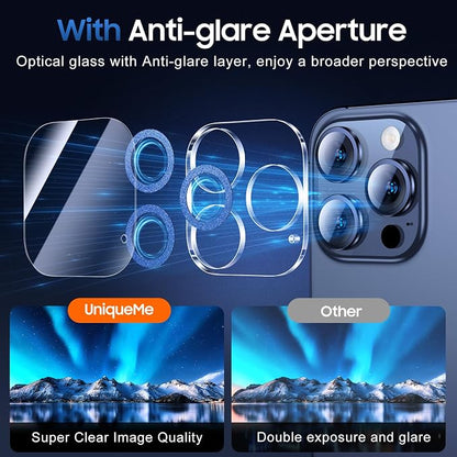 UniqueMe for 3 Pack iPhone 15 Pro/iPhone 15 Pro Max Camera Lens Protector, [Drop Protection] [Case Friendly] 9H+ Tempered Glass Camera Cover Screen [Update New Version] - Glitter Blue
