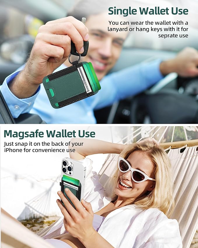 For Magsafe Wallet, Strongest Magnetic Wallet for iPhone 17/16/15/14/13/12 Series, for Magsafe Card Holder with 2 Card Slots, Magnetic Card Holder, RFID Blocking, Vegan Leather, Hold 7 Cards, Green