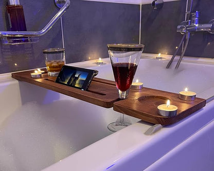 Handmade Wooden Bathtub Tray - 3 Different Size Options - Rustic Structure - Water Insulator - Bath Tray Caddy with Wine Glass Holder (28", NATURAL MAHOGANY)