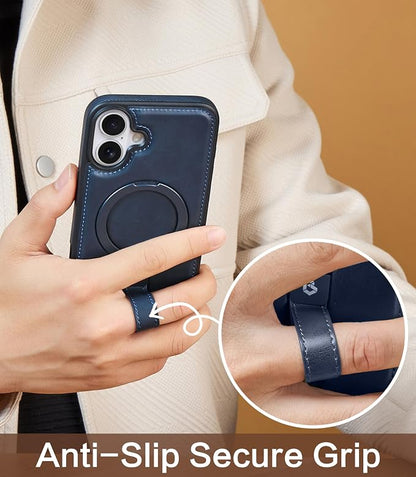 for iPhone 17 Leather Case with Stand, Anti-Slip Grip Ring, Fits for MagSafe (Blue, iPhone 17)