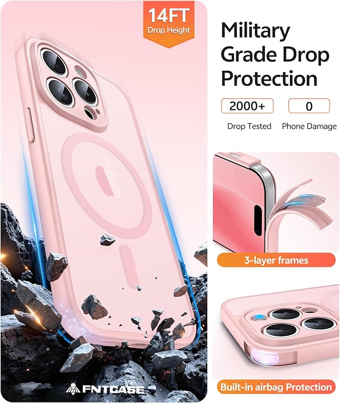 FNTCASE for iPhone 14 Pro Max Case: [Compatible with Magsafe] Translucent Matte Cases with [Full Camera Protection] [Screen Protector] Military Grade Shockproof Protective Phone Cover - Light Pink