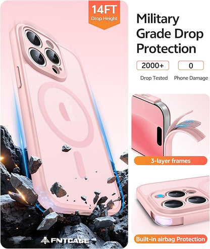 FNTCASE for iPhone 14 Pro Max Case: [Compatible with Magsafe] Translucent Matte Cases with [Full Camera Protection] [Screen Protector] Military Grade Shockproof Protective Phone Cover - Light Pink