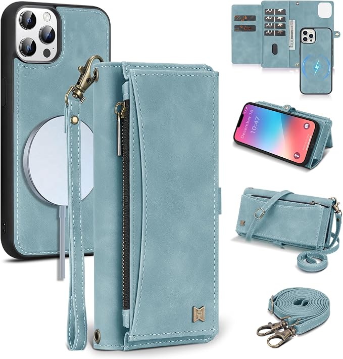 Wallet Case for iPhone 13 Pro Max with Card Holder/Crossbody Wallet/Strap| RFID Blocking | Magnetic | Kickstand | Detachable | PU Leather Phone Case for iPhone 13 Pro Max,6.7 in,Blue