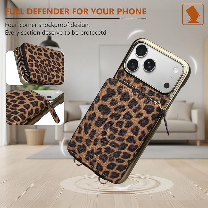 Keallce Wallet Case for iPhone 17 Pro Max 6.9", Crossbody Zipper Purse with Wristlet Strap, 4 Card Slots with RFID Blocking and Kickstand, Electroplated Leather Case for Women (Brown Leopard Print)