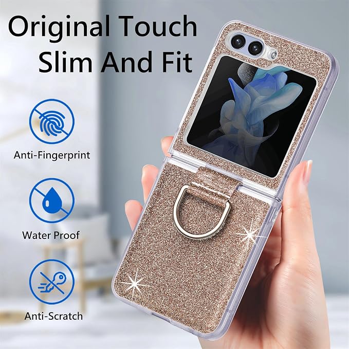 Bling Glitter Case for Samsung Galaxy Z Flip 6 with Ring Holder,Women Girls Cute Phone Case Non Slip Ultra Slim TPU Bumper Shockproof Protective Case for Galaxy Z Flip 6 5G 2024,Gold