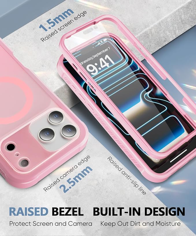 Compatible with iPhone 17 Pro Case Pink, Built-in Screen Protector, [Compatible with MagSafe] Full Body Rugged Phone Case, Shockproof Protective Magnetic Cover for 17Pro 6.3" (Pink)