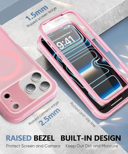Compatible with iPhone 17 Pro Case Pink, Built-in Screen Protector, [Compatible with MagSafe] Full Body Rugged Phone Case, Shockproof Protective Magnetic Cover for 17Pro 6.3" (Pink)