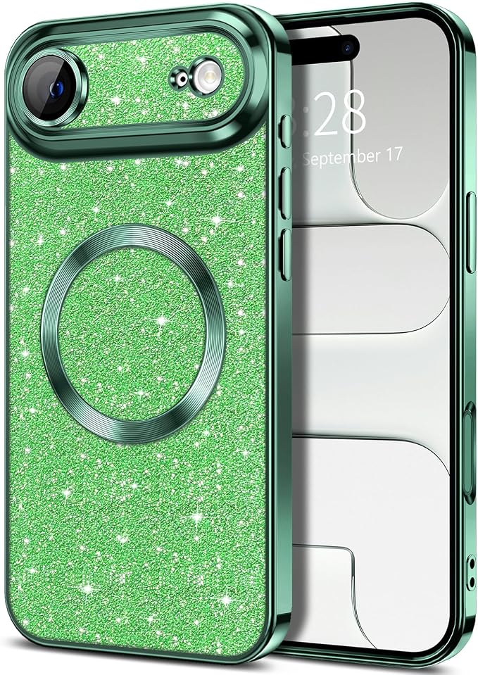 Hython for iPhone Air Case Glitter Clear Magnetic Phone Cases [Compatible with MagSafe] Full Camera Lens Protector Sparkle Luxury Plating Slim Shockproof Protective Cover Women, Green