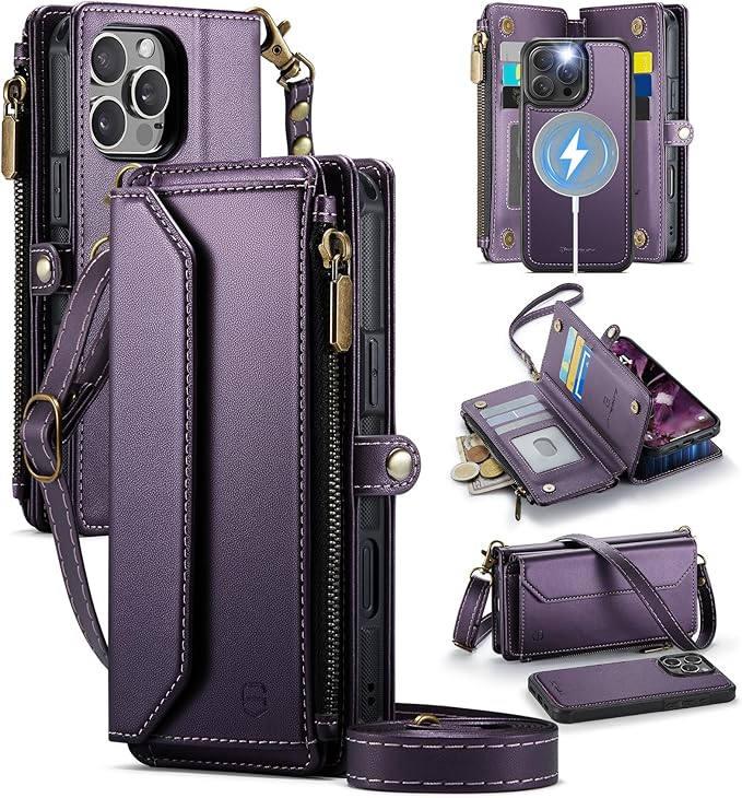 Strapurs for iPhone 16 Pro Detachable Wallet Case Compatible with Magsafe, RFID Blocking 9-Card Holder Zipper Wrist Strap Lanyard PU Leather Magnetic Phone Case for iPhone 16 Pro 6.3", Purple