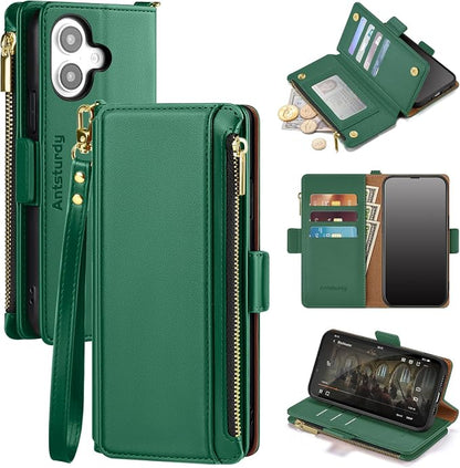 Antsturdy Compatible with iPhone 16 Plus Wallet Case,RFID Blocking PU Leather Phone Case Women Men Kickstand flip Cover Wrist Strap Zipper Credit Card Holder Slots for Apple 16 Plus 6.7",Green