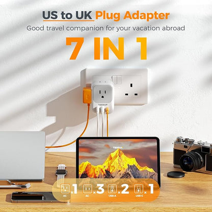 TESSAN UK Adapters for Travel, US to UK Ireland Plug Adapter 20W, Foldable | Power Adaptor, 4 Outlets 3 USB(PD 20W 1 USB C), Type G for USA to Scotland London England Hongkong Dubai Irish