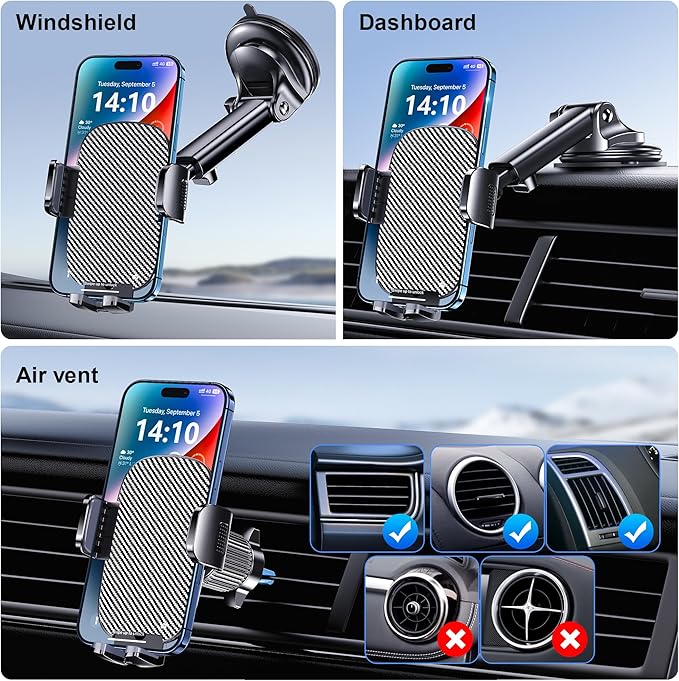 Phone Holder Car Mount for iPhone [Powerful Suction] Phone Mount for Car Dashboard Windshield Air Vent Universal Accessories [Thick Cases Friendly] Automobile Phone Holder Fit iPhone Smartphone