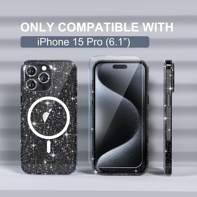 Choiche for iPhone 15 Pro Case Magnetic, Women Clear Glitter Bling Sparkly Case, [3xDiamond Camera Lens Protectors] [2xTempered Glass Screen Protectors] [Compatible MagSafe] (Glitter Clear)