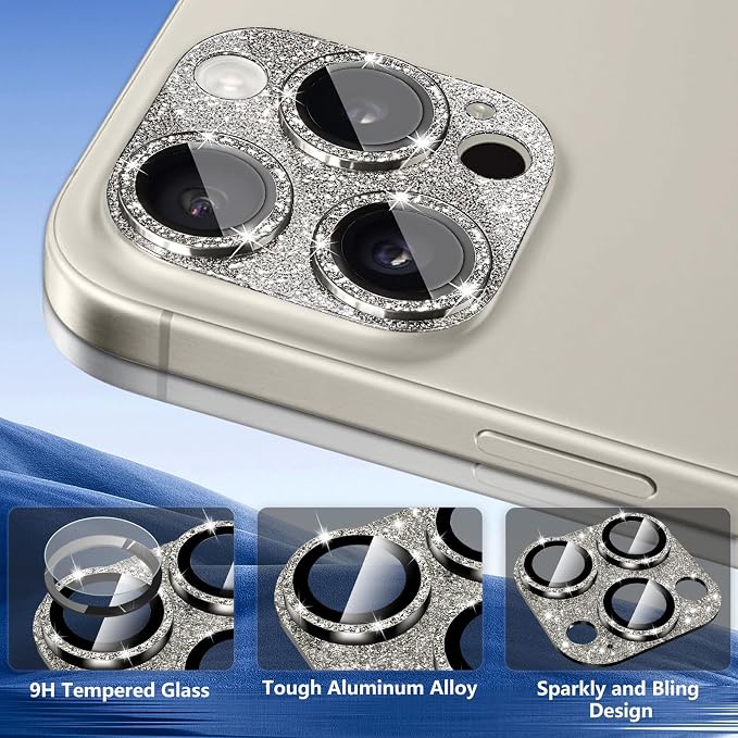 Camera Lens Protector for iPhone 16 Pro/16 Pro Max, Glitter Camera Cover with 9H Tempered Glass Metal Ring, Lens Protector for iPhone 16 Pro/Pro Max (Glitter - Natural)