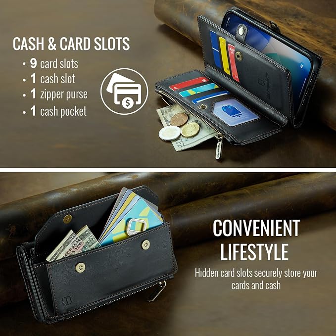 Strapurs Wallet Case Compatible with iPhone 17 Pro 6.3" RFID Blocking 9-Card Holder Soft PU Leather Magnetic Snap Shoulder Strap Zipper Pocket Phone Case Fit for iPhone 17 Pro for Women - Black