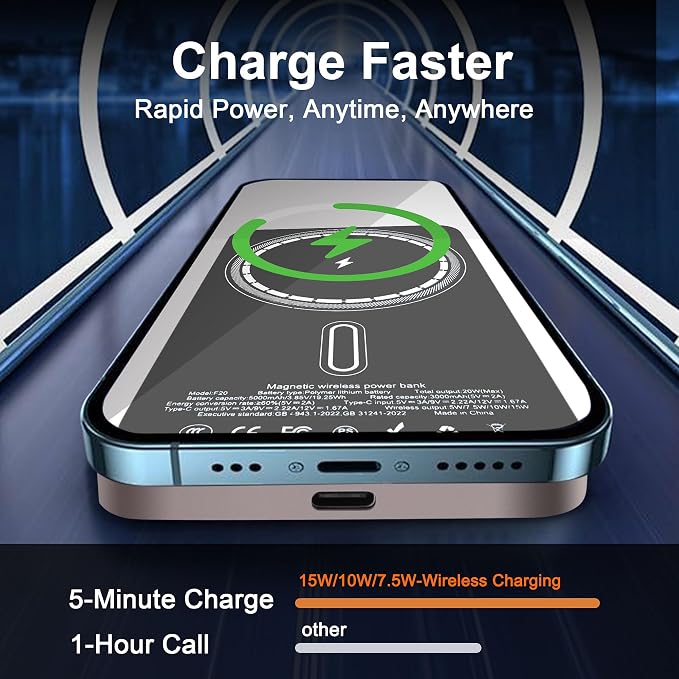 Magnetic Portable Charger 5000mAh, 15W Ultra Slim Wireless Portable Charger, Fast Charging for iPhone 16/15/14/13/12 Pro/Pro Max/Plus, Metal Shell, USB-C Cable to Charge Other Phones (Gold)