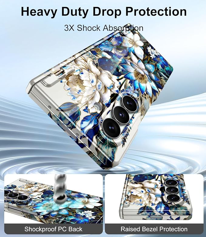 Btscase for Samsung Galaxy Z Fold 7 Case,Built in Front Screen Protector,Gold Glitter Marble Pattern Hard PC Slim Shockproof Full Body Drop Protective Case for Galaxy Z Fold 7 5G, Blue Floral