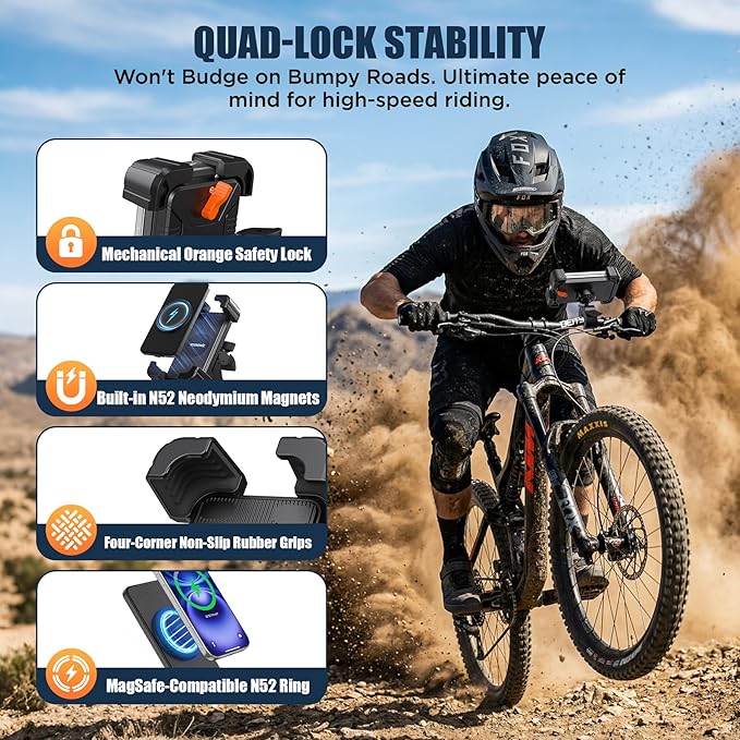 Phone Holder Bike Mount with Detachable Power Bank 5000 mAh– Fast Magnetic Wireless Charging for Strollers, Motorcycles, Gym Equipment, and More – Stable, Secure Design, Water-Resistant