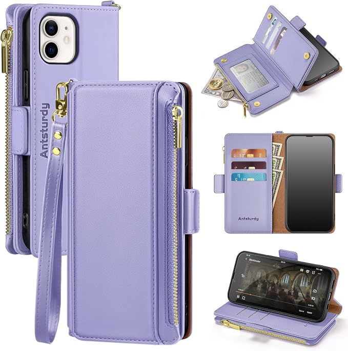 Antsturdy Compatible with iPhone 12 Wallet Case,RFID Blocking PU Leather Phone Case Women Men Kickstand Flip Cover Wrist Strap Zipper Credit Card Holder Slots,for Apple 12 Pro 6.1",Light Purple