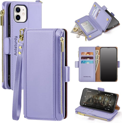 Antsturdy Compatible with iPhone 12 Wallet Case,RFID Blocking PU Leather Phone Case Women Men Kickstand Flip Cover Wrist Strap Zipper Credit Card Holder Slots,for Apple 12 Pro 6.1",Light Purple