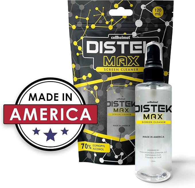cellhelmet DISTEK Max Screen and Phone Cleaner Disinfectant with 70 Percent Isopropyl Alcohol 70% Universal for All Glass Displays, LCD - 120mL / 4oz with Microfiber Cloth - Made in USA