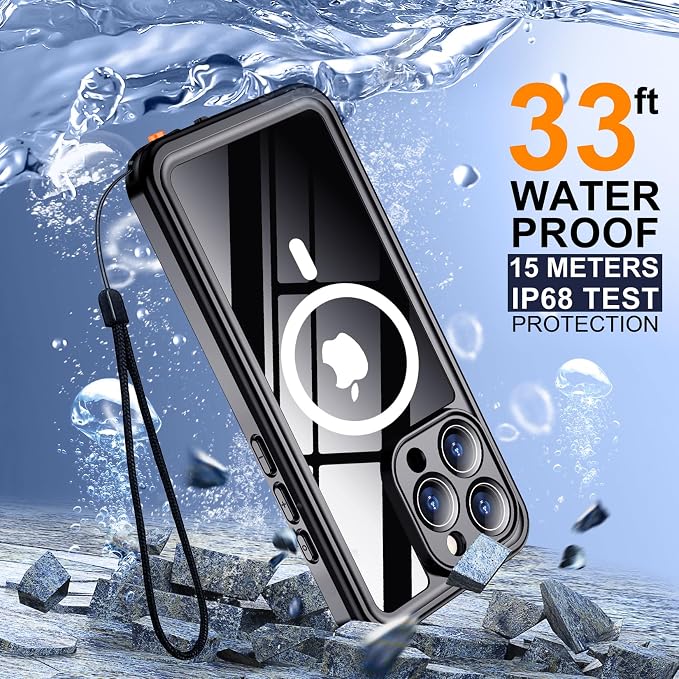 Temdan for iPhone 15 Pro MaxCaseWaterproof,Built-in Screen Protector [IP68 Underwater][15FT Military Dropproof][Dustproof][For MagSafe] 360 Full-BodyPhone Case-Black (CXFM-B 15ProMaxBlack-02)