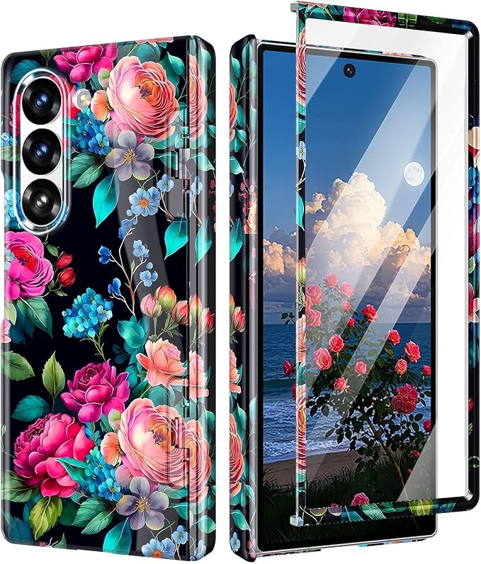 Btscase for Samsung Galaxy Z Fold 6 Case,Built in Front Screen Protector,Gold Glitter Marble Pattern Hard PC Slim Shockproof Full Body Drop Protective Case for Galaxy Z Fold 6 5G, Blackish Green