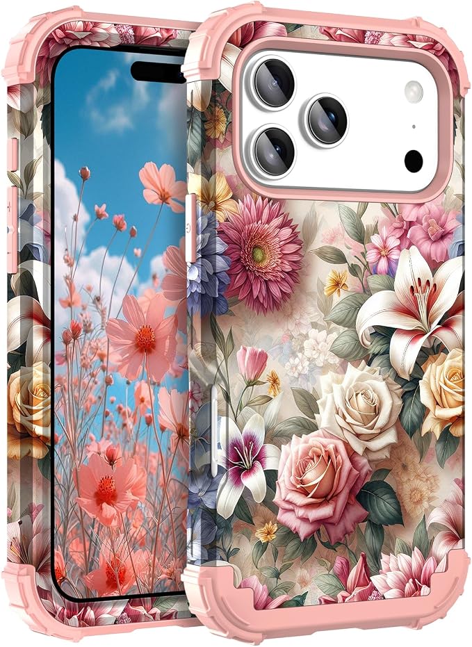 Hocase for iPhone 17 Pro Max Case, Heavy Duty Shockproof Protection Soft Silicone Rubber+Hard Plastic Bumpers Hybrid Protective Case for iPhone 17 Pro Max 2025 - Rose Flowers
