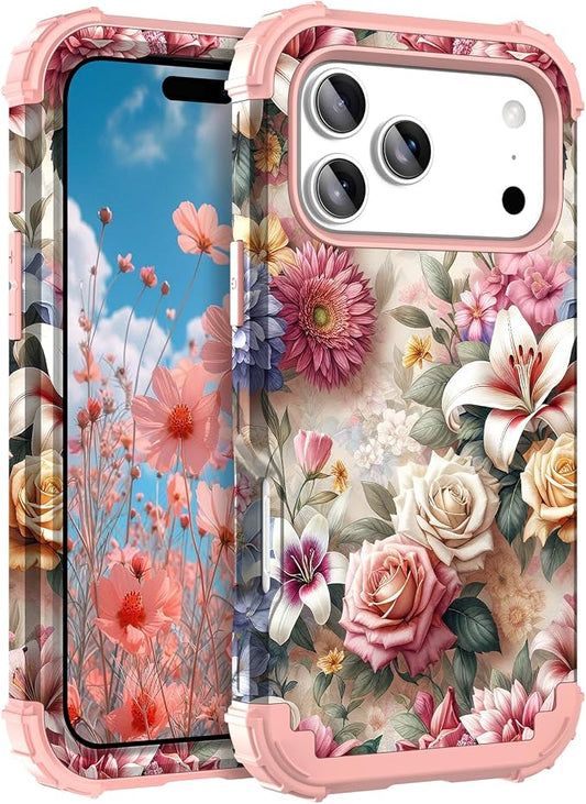 Hocase for iPhone 17 Pro Max Case, Heavy Duty Shockproof Protection Soft Silicone Rubber+Hard Plastic Bumpers Hybrid Protective Case for iPhone 17 Pro Max 2025 - Rose Flowers