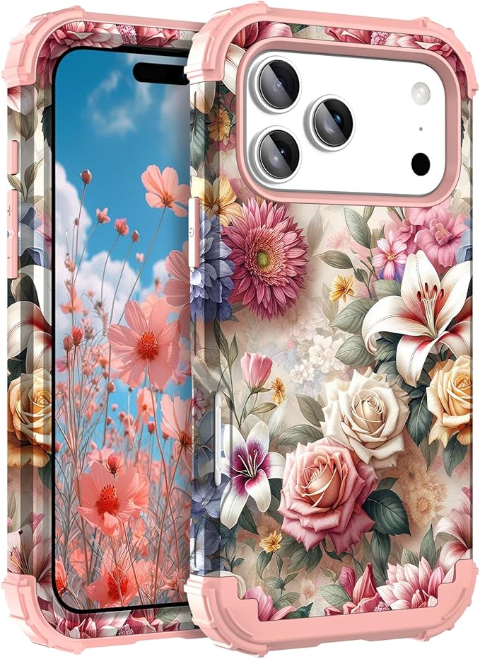 Hocase for iPhone 17 Pro Case 6.3", Heavy Duty Shockproof Protection Soft Silicone Rubber+Hard Plastic Bumpers Hybrid Protective Case for iPhone 17 Pro 2025 - Rose Flowers