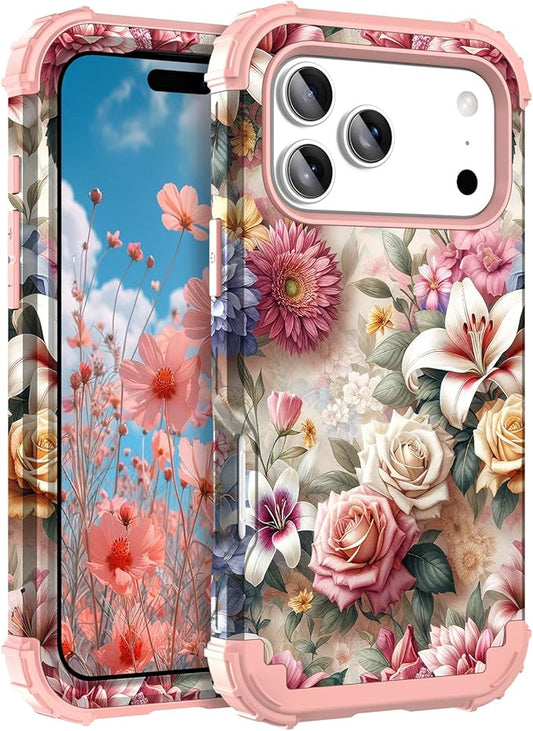 Hocase for iPhone 17 Pro Case 6.3", Heavy Duty Shockproof Protection Soft Silicone Rubber+Hard Plastic Bumpers Hybrid Protective Case for iPhone 17 Pro 2025 - Rose Flowers