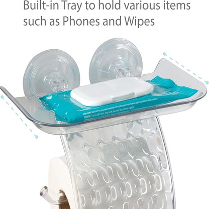 Bath Bliss Suction Cup Toilet Paper Dispenser | Power Lock Suction Mount | Phone and Wipes Holder Tray | Not Tools Required |Smooth Surfaces Only | Tile | Glass | Metal | Plastic | Bathroom | Clear