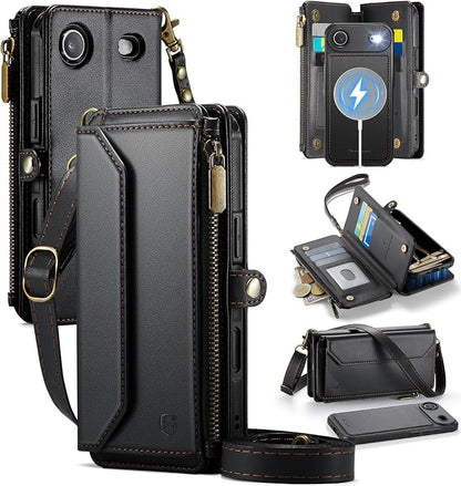Strapurs for iPhone Air Detachable Wallet Case Compatible with Magsafe for Women, RFID Blocking 9-Card Holder Zipper Strap Lanyard PU Leather Magnetic Phone Case for iPhone 17 Air 6.5", Black