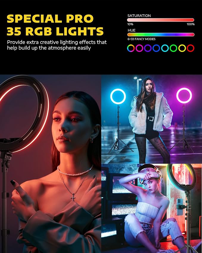 Kaiess 10.2" Selfie Ring Light with 65" Adjustable Tripod Stand & Phone Holder for Live Stream/Makeup, Upgraded Dimmable LED Ringlight for Tiktok/YouTube/Zoom Meeting/Photography (RGB)