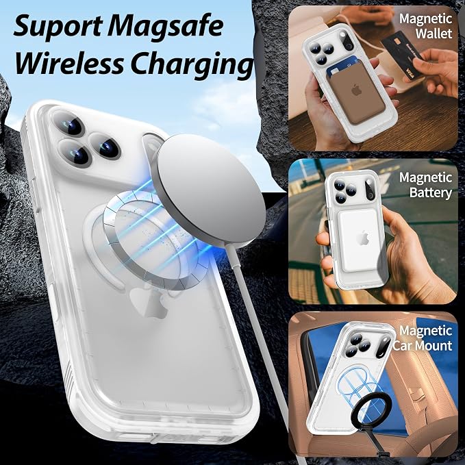 SPORTLINK for iPhone 17 Pro Case - IP68 Waterproof Military Protective Full Body Heavy Duty Shockproof 360 Sealed Dustproof with Camera Screen Protector Cover for i Phone 17 Pro 6.3" Mag/Frosted Clear
