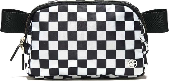 Pander Two Way Zipper Fanny Pack Nylon Everywhere Belt Bag for Women, Water Repellent Waist Packs, Crossbody Bags with Adjustable Strap (Checkered Black)