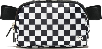 Pander Two Way Zipper Fanny Pack Nylon Everywhere Belt Bag for Women, Water Repellent Waist Packs, Crossbody Bags with Adjustable Strap (Checkered Black)