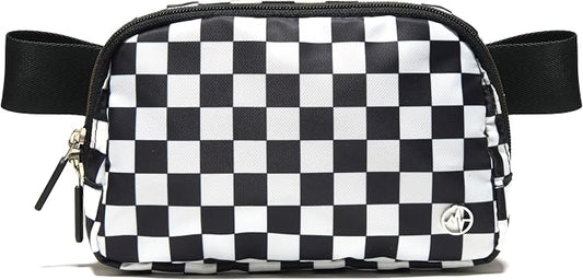 Pander Two Way Zipper Fanny Pack Nylon Everywhere Belt Bag for Women, Water Repellent Waist Packs, Crossbody Bags with Adjustable Strap (Checkered Black)