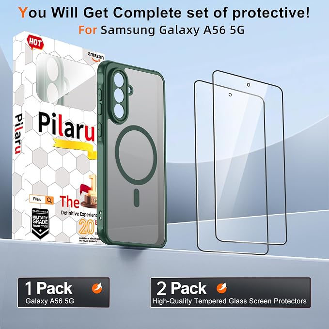 Pilaru for Samsung Galaxy A56 Case [Compatible with Magsafe] Translucent Matte Magnetic Phone Case,Slim Thin Duty Shockproof Protection Cover with 2pc Tempered Glass Screen Protector for A56 5g-Green