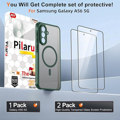 Pilaru for Samsung Galaxy A56 Case [Compatible with Magsafe] Translucent Matte Magnetic Phone Case,Slim Thin Duty Shockproof Protection Cover with 2pc Tempered Glass Screen Protector for A56 5g-Green