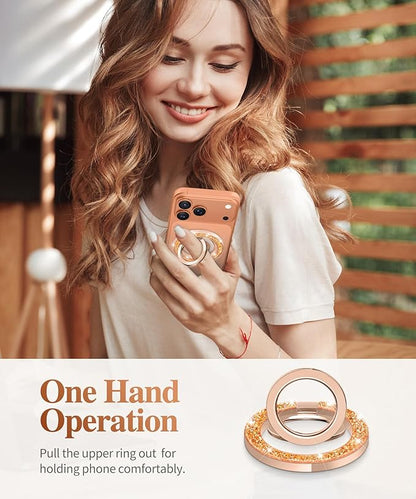 GVIEWIN Magnetic Phone Ring Holder, Compatible with MagSafe Phone Grip with Adjustable Stand, Magnet Phone Ring Kickstand for iPhone 17/16/15/14/13/12 Pro Max Plus Air/Other Phones (Glitter/Orange)