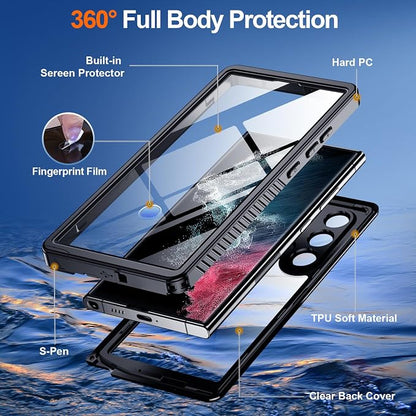 Hualele Designed for Samsung Galaxy S22 Ultra Case, Waterproof Built-in Screen Protector Full Protection Heavy Duty Shockproof Anti-Scratched Rugged Case for Galaxy S22 Ultra 5G 6.8'' 2022, Black