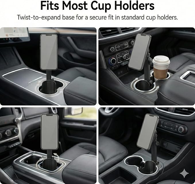 Adjustable Magnetic Cup Holder Phone Mount – MagSafe Compatible, Expandable Base, Long Arm Telescopic Car Holder, Includes Metal Ring for iPhone & Android