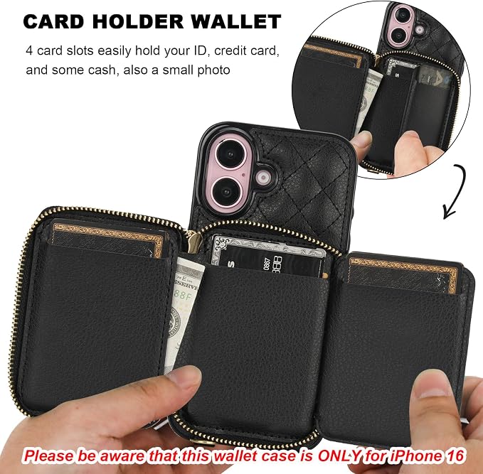 Bocasal Crossbody Wallet Case for iPhone 16, RFID Blocking PU Leather Zipper Handbag Purse Flip Cover, Kickstand Folio Case with Card Slots Holder Wrist Strap Lanyard 5G 6.1 Inch (Black)