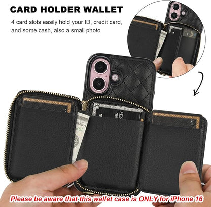 Bocasal Crossbody Wallet Case for iPhone 16, RFID Blocking PU Leather Zipper Handbag Purse Flip Cover, Kickstand Folio Case with Card Slots Holder Wrist Strap Lanyard 5G 6.1 Inch (Black)