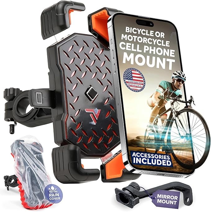 Terminal Velocity Sport - Motorcycle Phone Mount - Bike Cell Phone Holder - Bike Phone Mount, for iPhone & Android - Fits Harley Davidson, eBike, ATV, Bicycle - Incl. Mirror & Rain-Cover