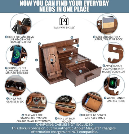 Wood Phone Docking Station with Drawer, Compatible with Apple Watch - Wood Charging Station Organizer Stand, Bedside Nightstand Organizer for Men, Holds Phone, Tablet, Keys, Glasses, EDC