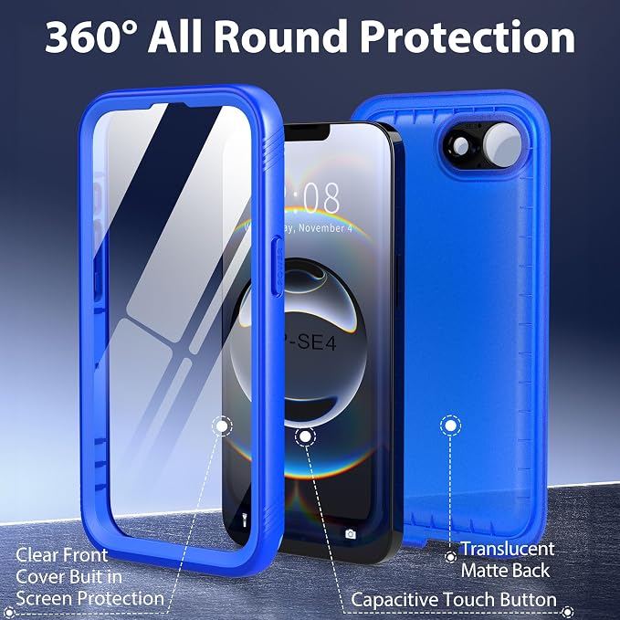 SPORTLINK for iPhone 16e/17e Waterproof Phone Case - Built in Screen & Camera Lens Protector,6.6FT Military Dropproof/Shockproof/Dustproof/IP68 Underwater for iPhone 16e/17e 6.1 inch Frosted Blue
