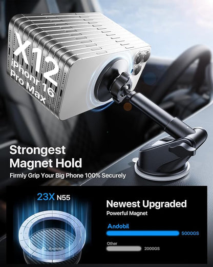 【True Military-Grade】andobil 3 in1 Magnetic Phone Holder for Car Dashboard Windshield Vent 【Upgrade Suction & Strongest Magnet】Retractable for MagSafe Car Mount for iPhone 17 16 15 14 Pro Max Sumsung