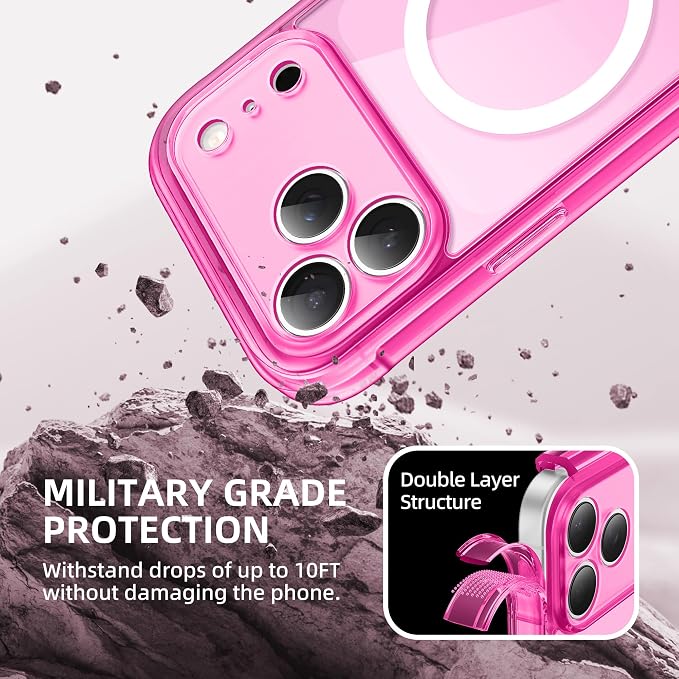BERFY for iPhone 17 Pro Case, Compatible with MagSafe, Built-in Glass Screen Protector, Camera Protection, Shockproof Full Body Phone case 6.3", Clear Bright Pink